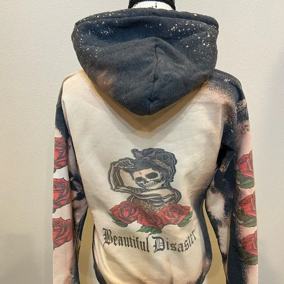 Bleach Tie Dye Rose Skeleton Skull Hoodie Custom Sweatshirt Pullover Navy Small - Picture 4 of 11